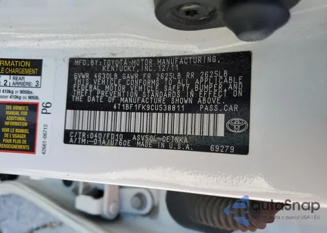 2012 Toyota Camry Base from USA, damaged, VIN 4T1BF1FK9CU538811